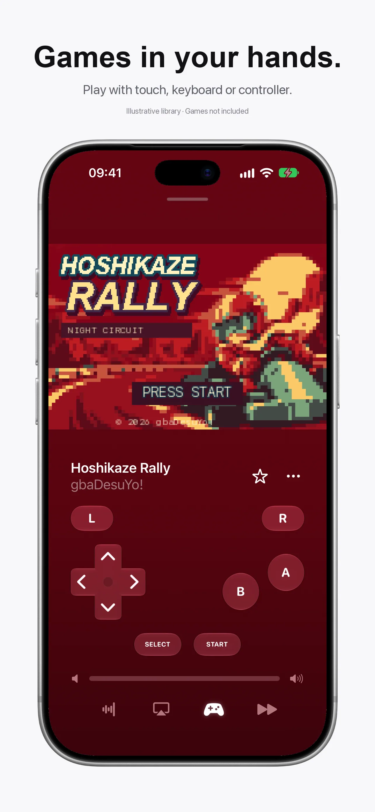 Native GBA player sheet with original illustrative pixel art and touch controls