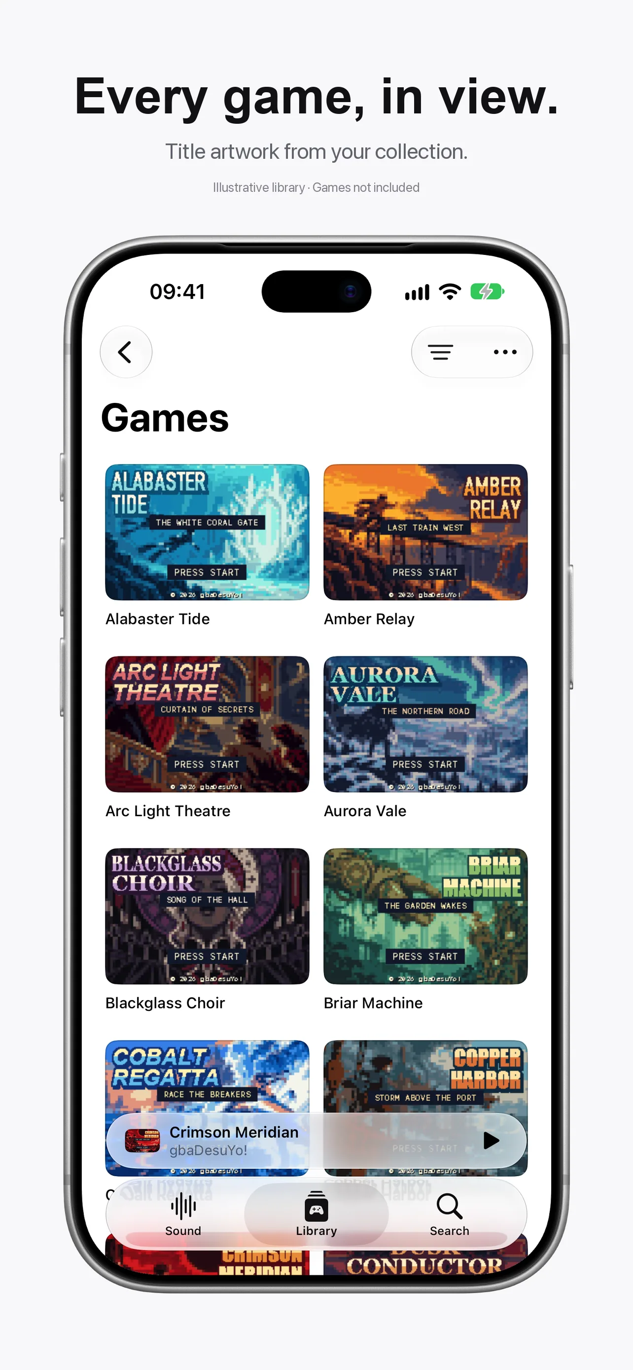 Full games grid with original fictional title-screen artwork