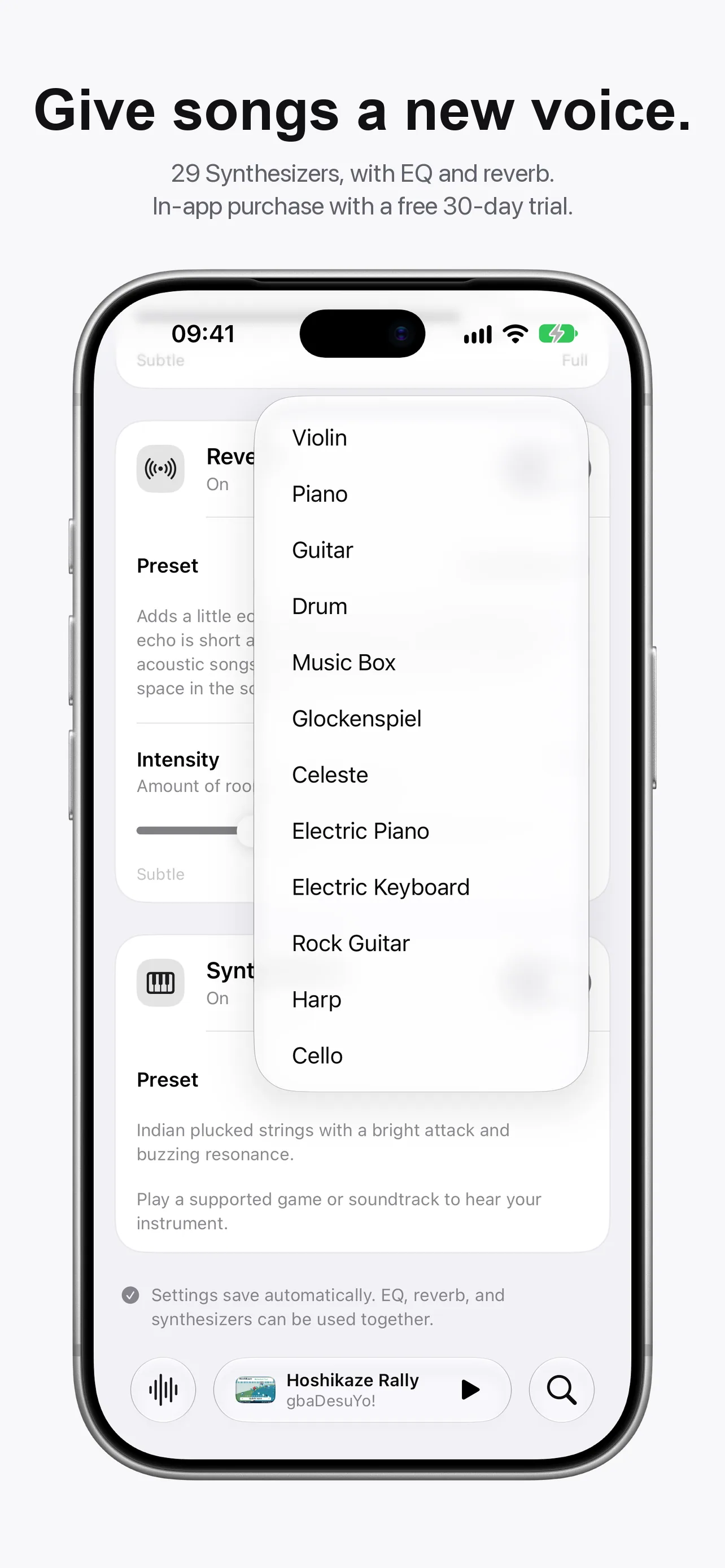 Synthesizer voice menu above enabled equalizer and reverb