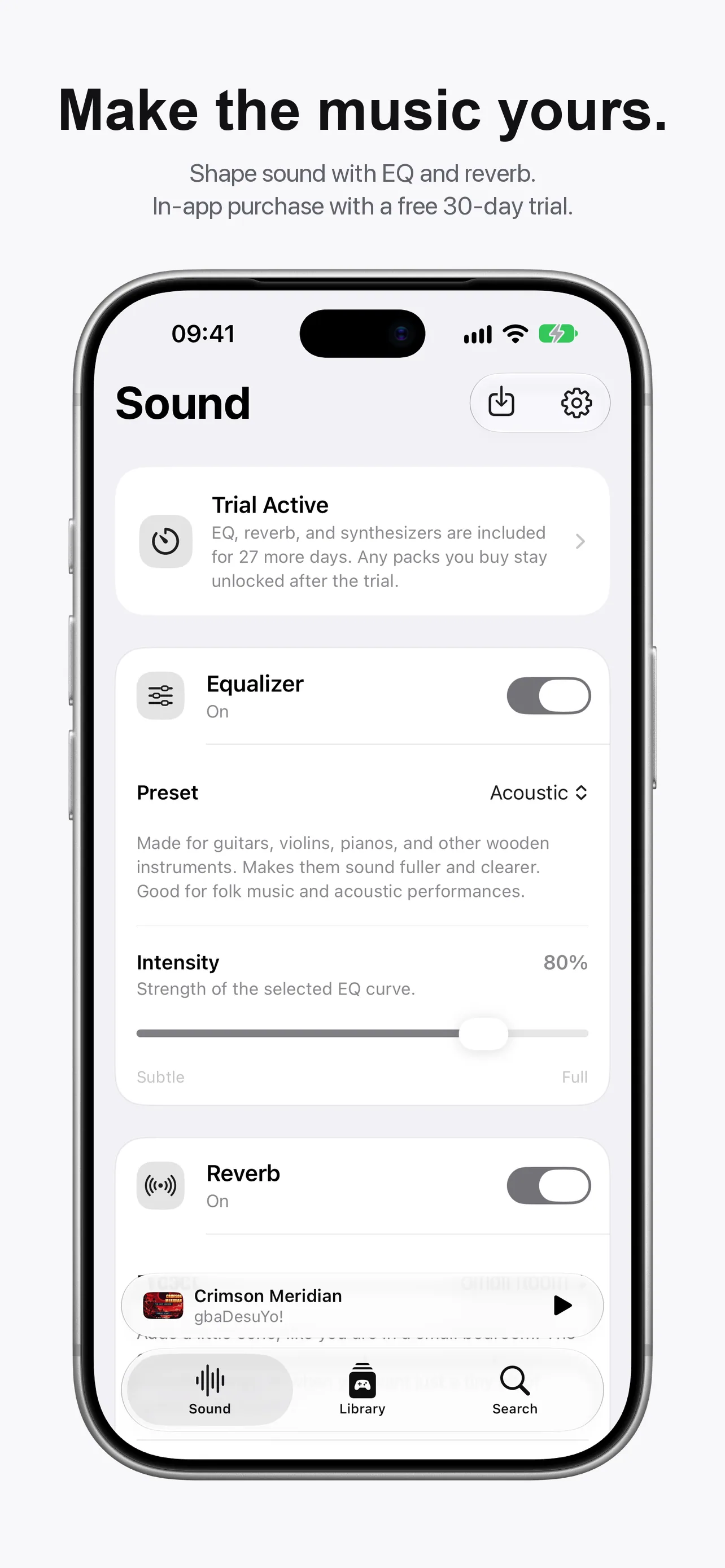 Sound page with equalizer and reverb enabled