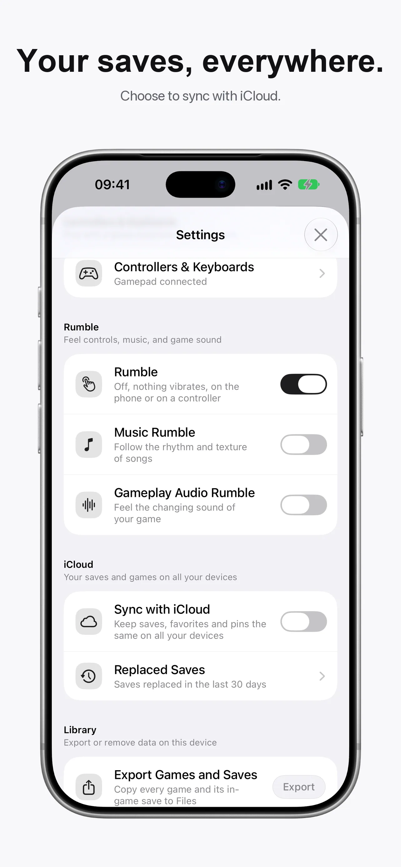 iCloud sync settings for games, saves, favorites, and pins