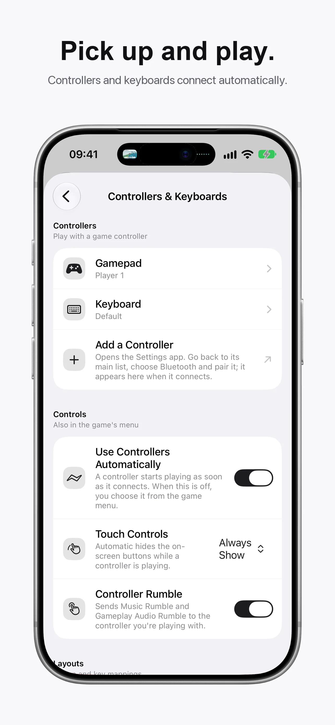 Connected gamepad and keyboard with automatic controller settings