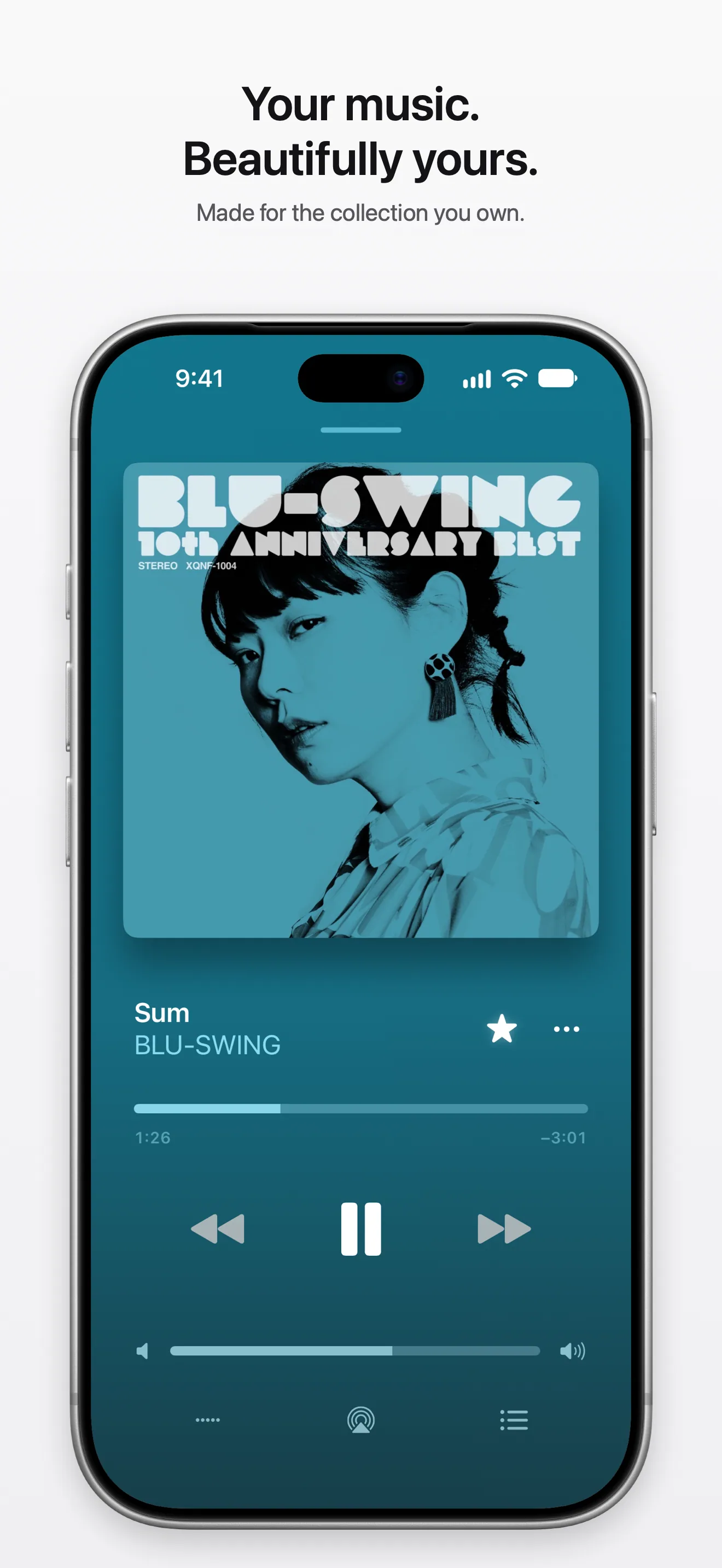 Now Playing with the album artwork, playback controls and volume