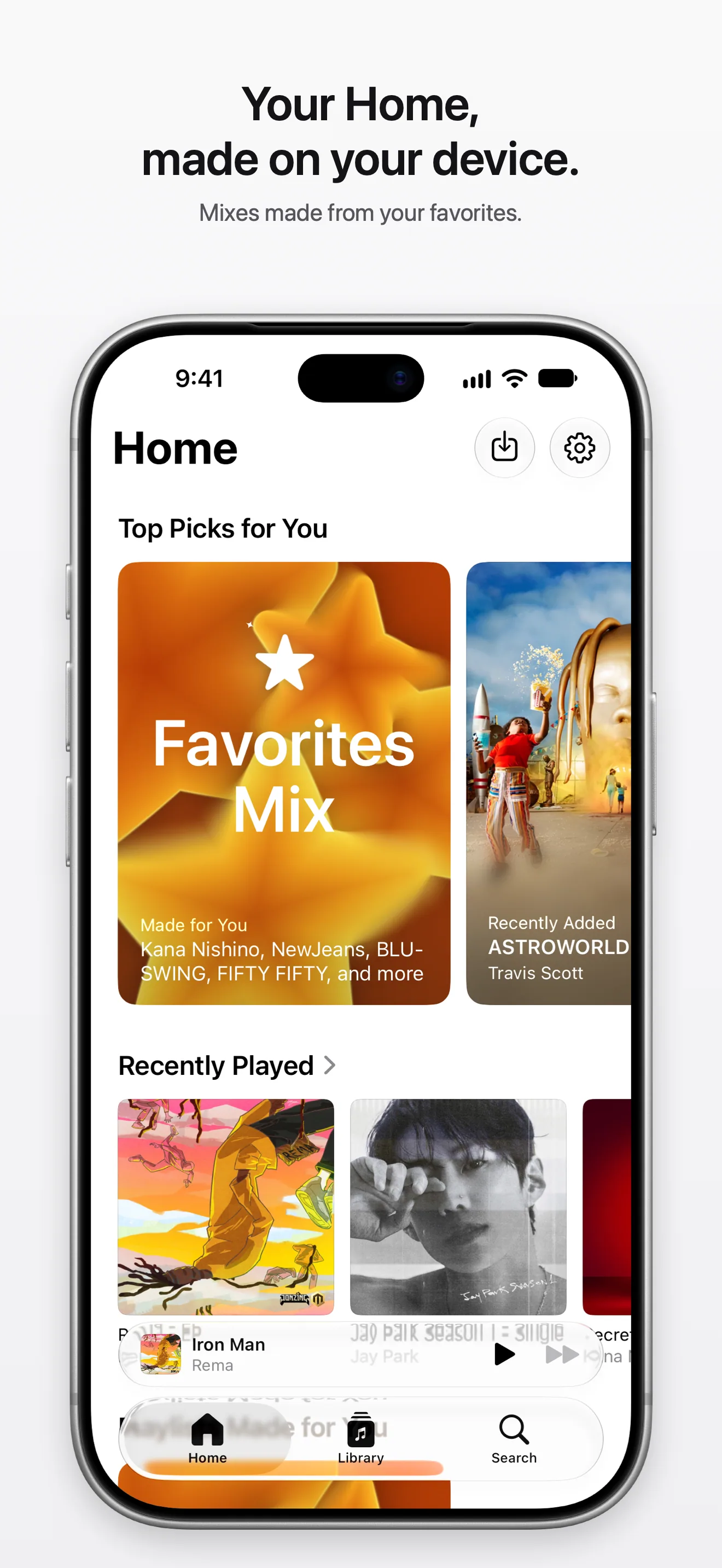 Home with Top Picks, the Favorites Mix and Recently Played