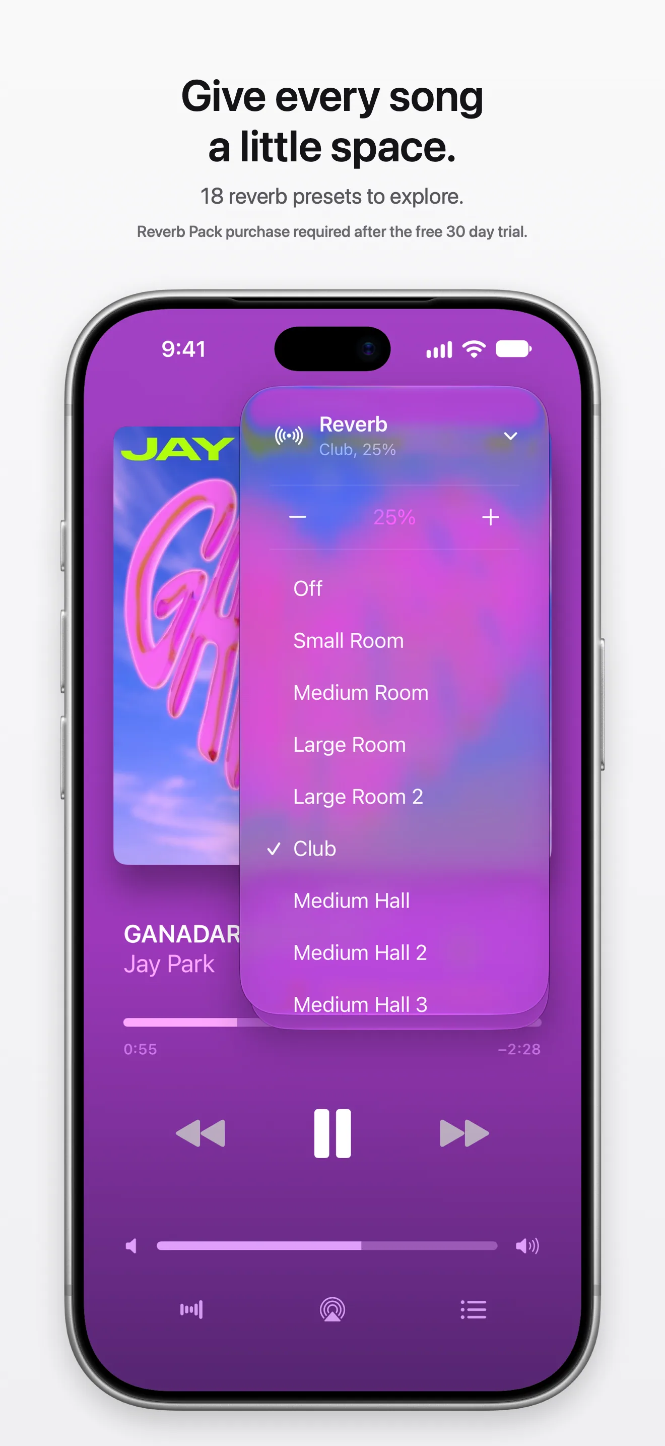 The player's reverb menu with its spaces